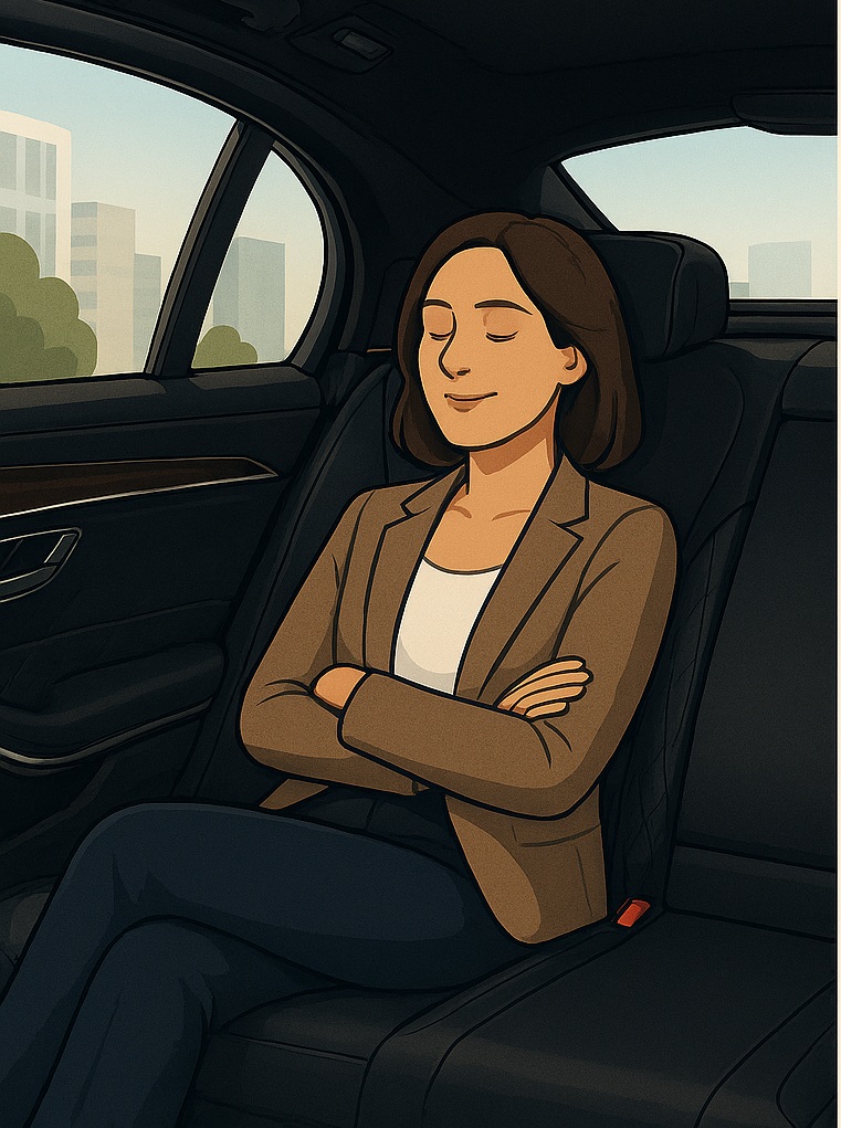 Professional driver with gloves on steering wheel, passenger relaxing in backseat